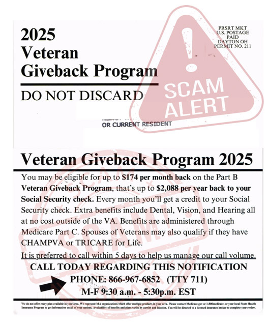 Scam Postcard Targeting Veterans Making the Rounds in Livingston County