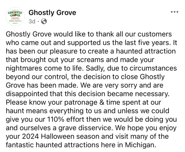 Ghostly Grove Haunted Attraction Closed