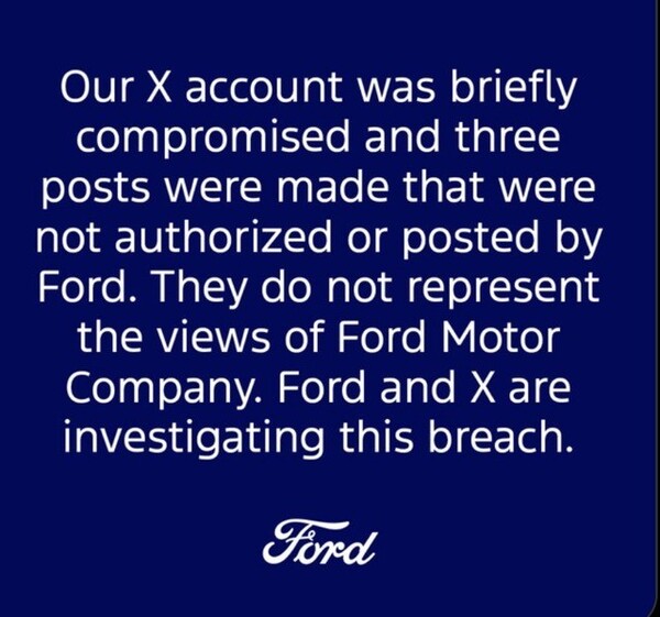 Ford’s X Account ‘Compromised’ By Pro-Palestine Posts